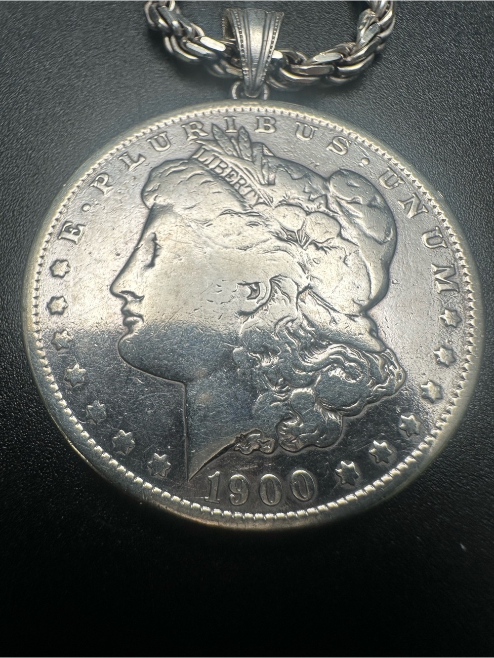 Sterling Silver 1900-O Morgan Silver Dollar Pendant Necklace, 20” Rope Chain